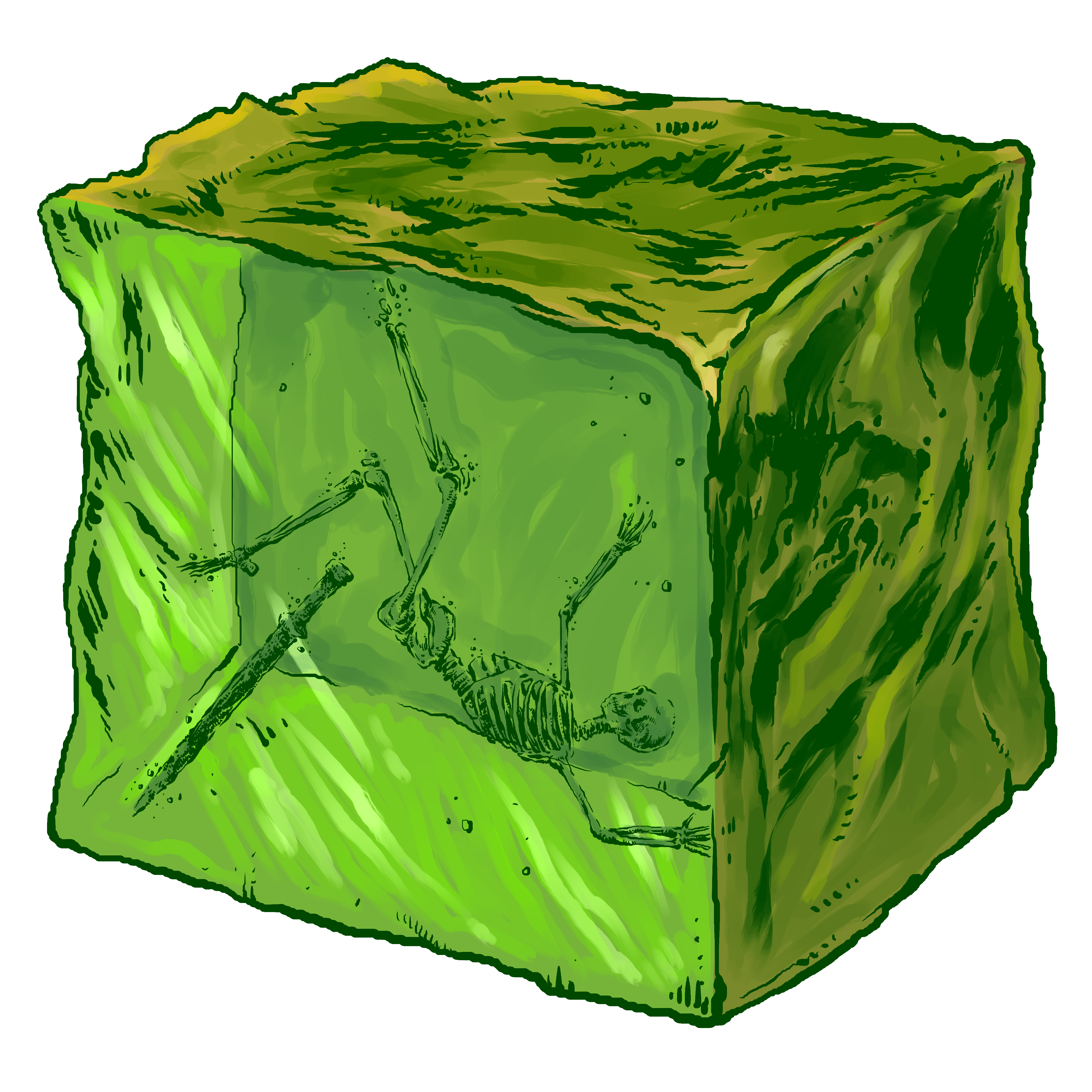 A gelatinous cube with a bleached skeleton
