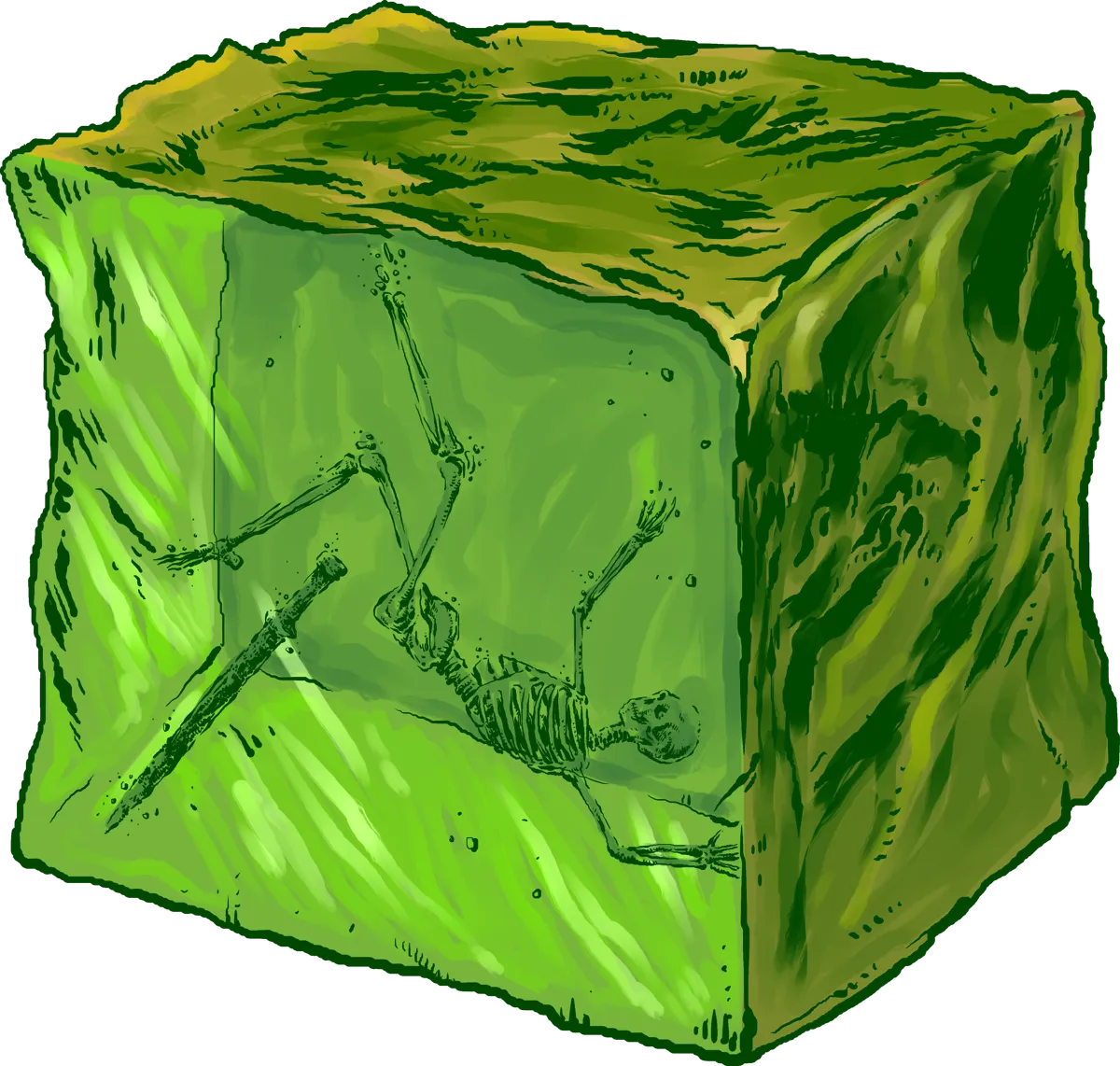 A gelatinous cube with a bleached skeleton