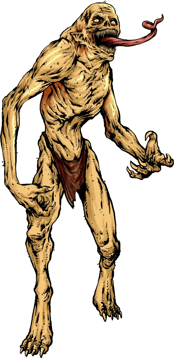 Undead ghoul with decaying flesh and slavering jaws lunging from the shadows