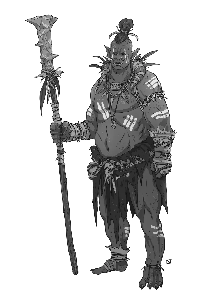 An Orc shaman cloaked in ritual bones and charms, channeling spiritual magic. Perfect for a spellcasting orc support